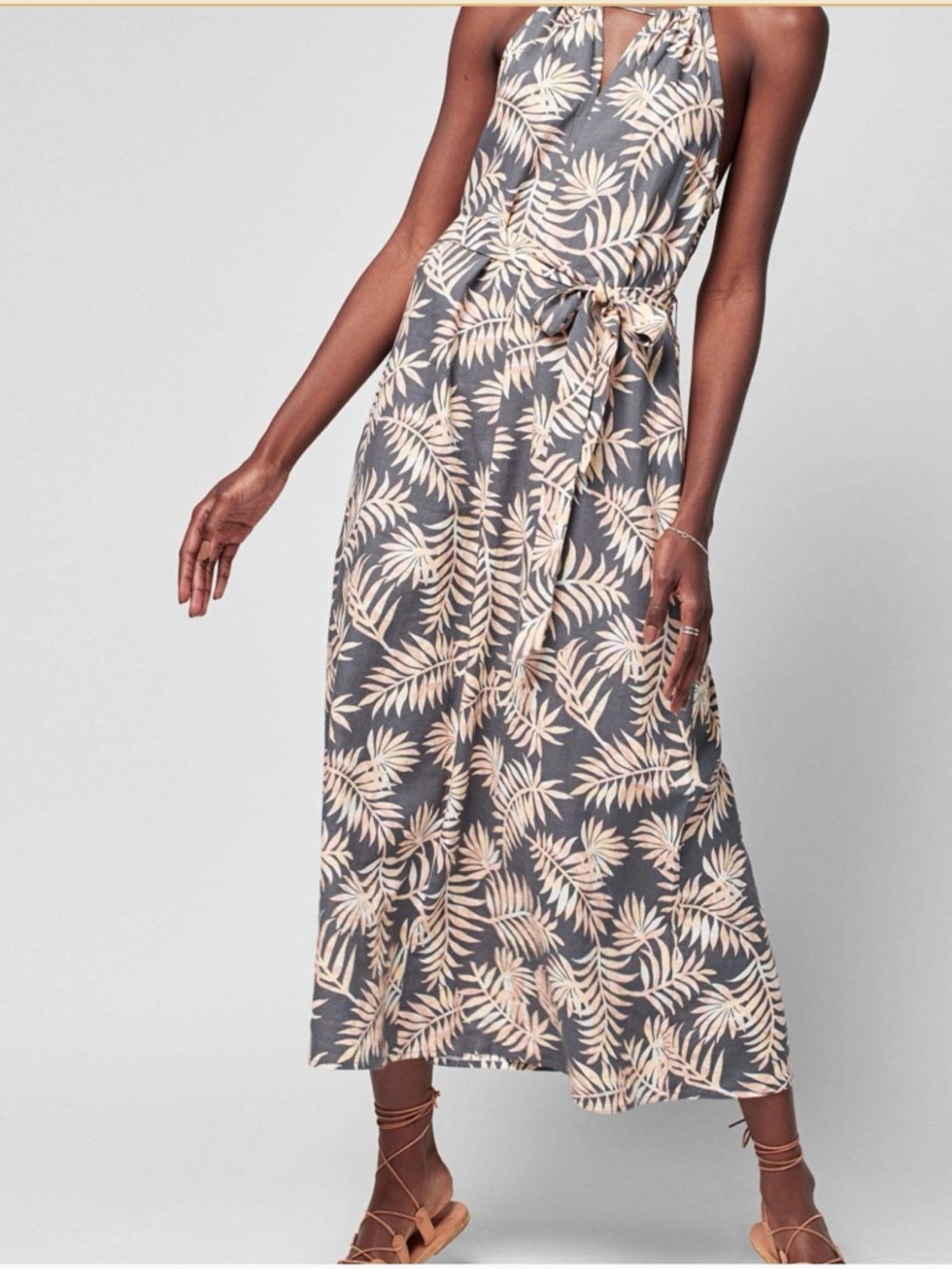 Faherty Gray Maxi Dress with Cream Botanical Print